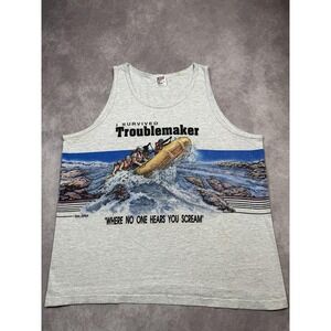 Vintage I Survived Troublemaker Shirt Mens XL Gray Tank Top Rafting Made USA 90s